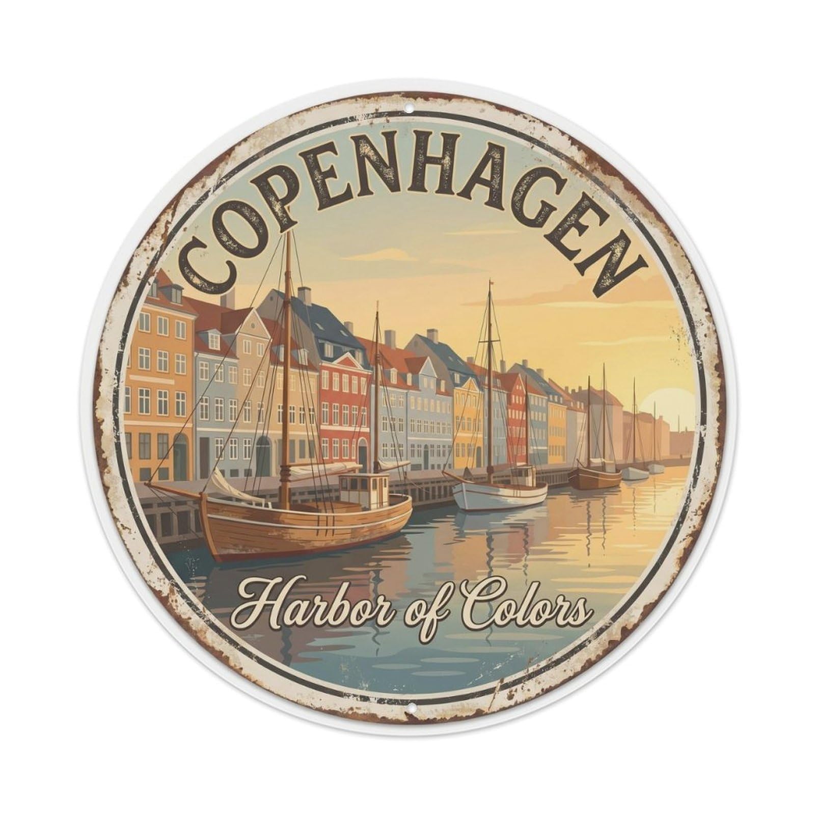 Vintage Travel Copenhagen Harbor Denmark（1） Metal Tin Sign Plaque Wall Decor for Cafe, Club Bar, Office, Home Garden Round Metal Poster 8x8Inch
