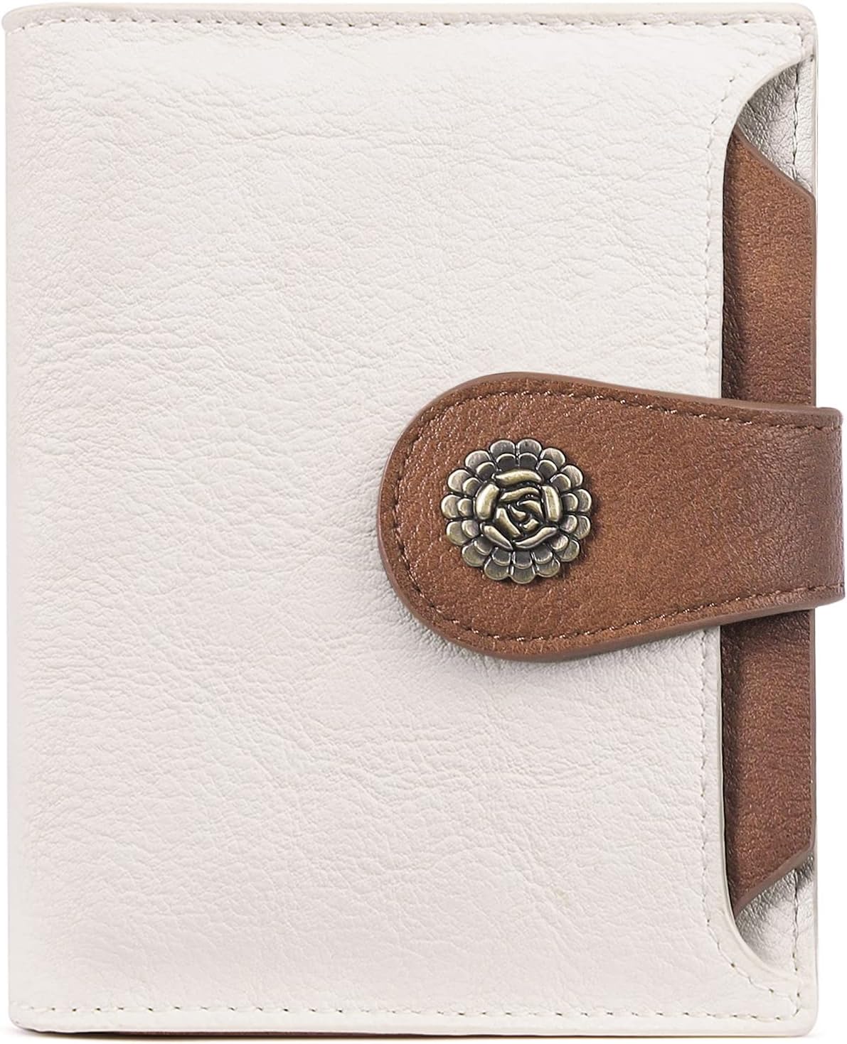 Small Wallets for Women RFID Blocking Leather Trifold Compact Credit Card Holder with ID Window Ladies Zipper Coin Purse Beige with Brown