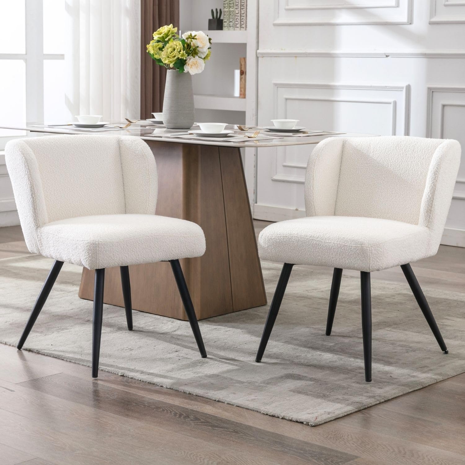 Wahson Juego de 2 Sillas de Comedor Lana Sintética Sillas de Cocina Moderna con Reposabrazos, Sillas de Salón Sencillo Sillas Ocios Patas Negras para Sala de Estar/Restaurante, Blanco