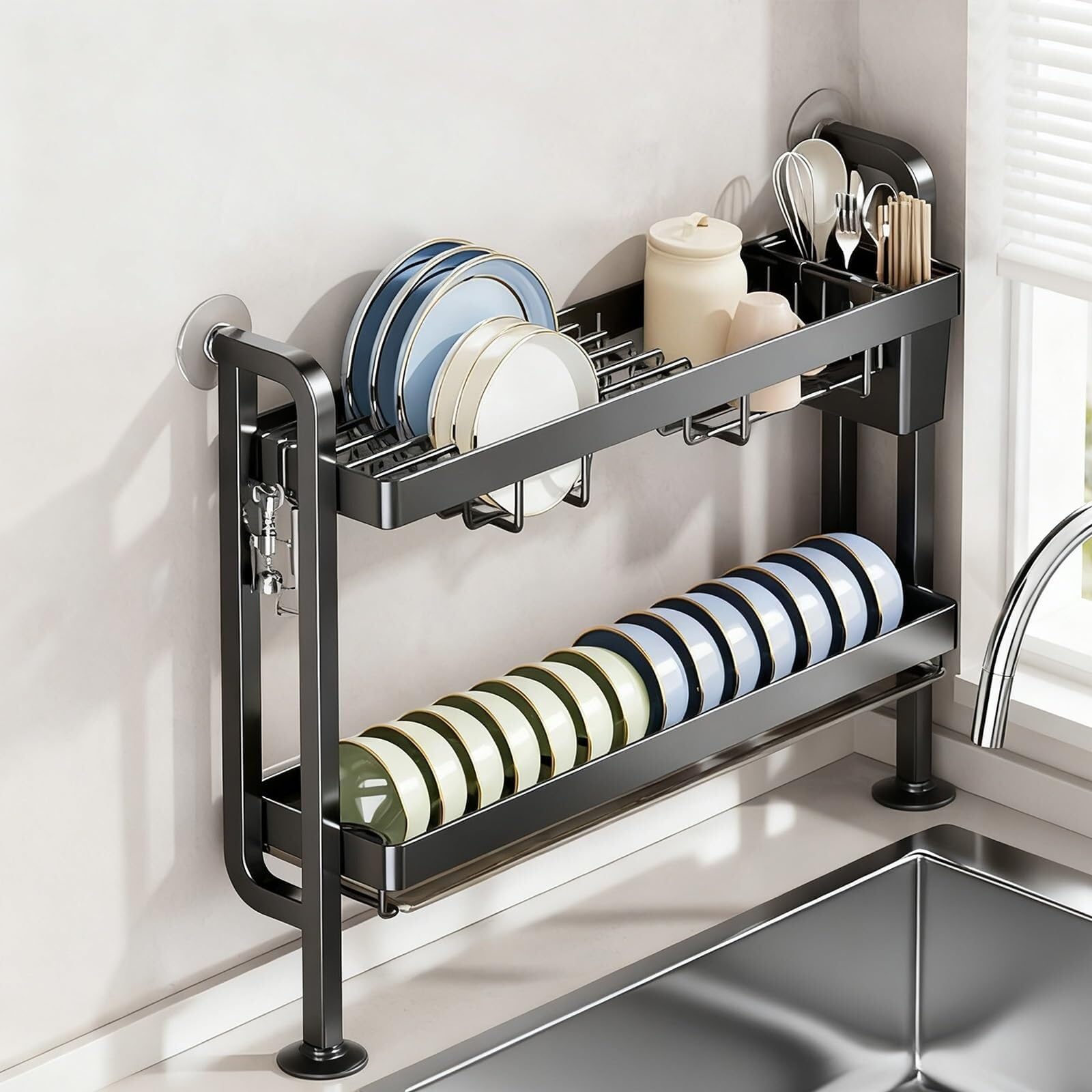 ARUNASC dish racks Dish Drying Rack 2/3 Tier Kitchen Counter Utensil Holder Over The Sink Dish Drainer Drying Rack for Kitchen drainer(Nero,Double layer)