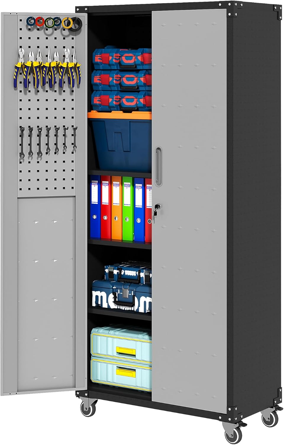 71'' Garage Storage Cabinet on Wheels Metal Tool Cabinets with Locking Doors and 3 Adjustable Shelves,Heavy Duty Tall Rolling Steel Cabinets for Garage Warehouse Basement Office