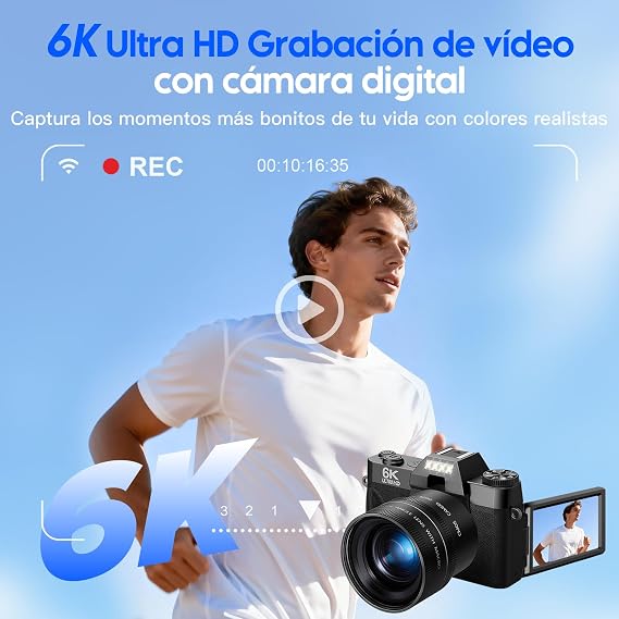 6K 64MP Digital Camera with WiFi, 16X Digital Zoom, Wide Angle/Macro Lenses