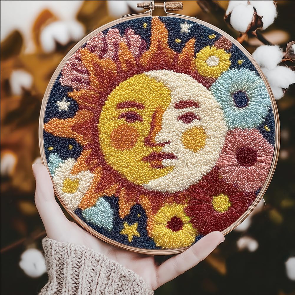 FREEBLOSS DIY Punch Needle Kit for Beginners Sun&Moon Embroidery Punch Needle Starter Craft Set with Instructions Embroidery Hoop Complete Tools for Adults Gift Decoration, 7.9"/20cm