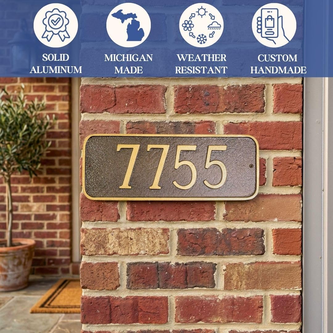 Montague Metal Products Personalized Cast Metal Address Plaque - USA Made - Custom House Number Sign - Rectangle 6" x 15.5" - Hammered Bronze with Gold Numbers