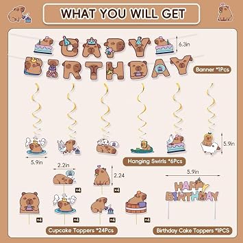 43 PCS Capybara Birthday Party Decorations Set Cartoon Cute Brown Capybara Party Decor Supplies Includes Foil Balloons Happy Birthday Banners Hanging Swirls Honeycomb Centerpieces Cupcake Toppers