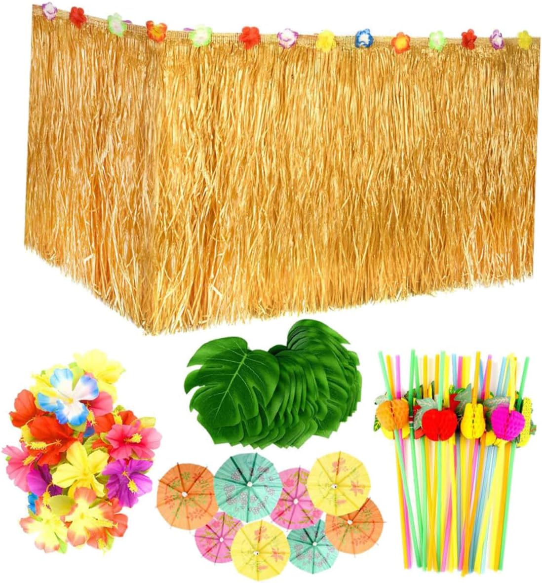 1Set Hawaiian Party Table Skirt Set with Monstera Leaves Hibiscus Flowers Skirt Assorted Umbrella Toppers Fruit Straws for Luau Decoration