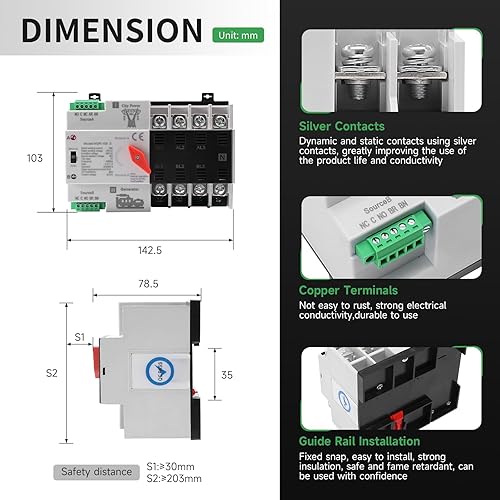 Miniatura 21 de 100Amp AC110V Interruptor de transferencia automática/manual 2P 50/60Hz, 2POLE 100A Mini ATS Solar Auto Dual Power Switch para generador doméstico