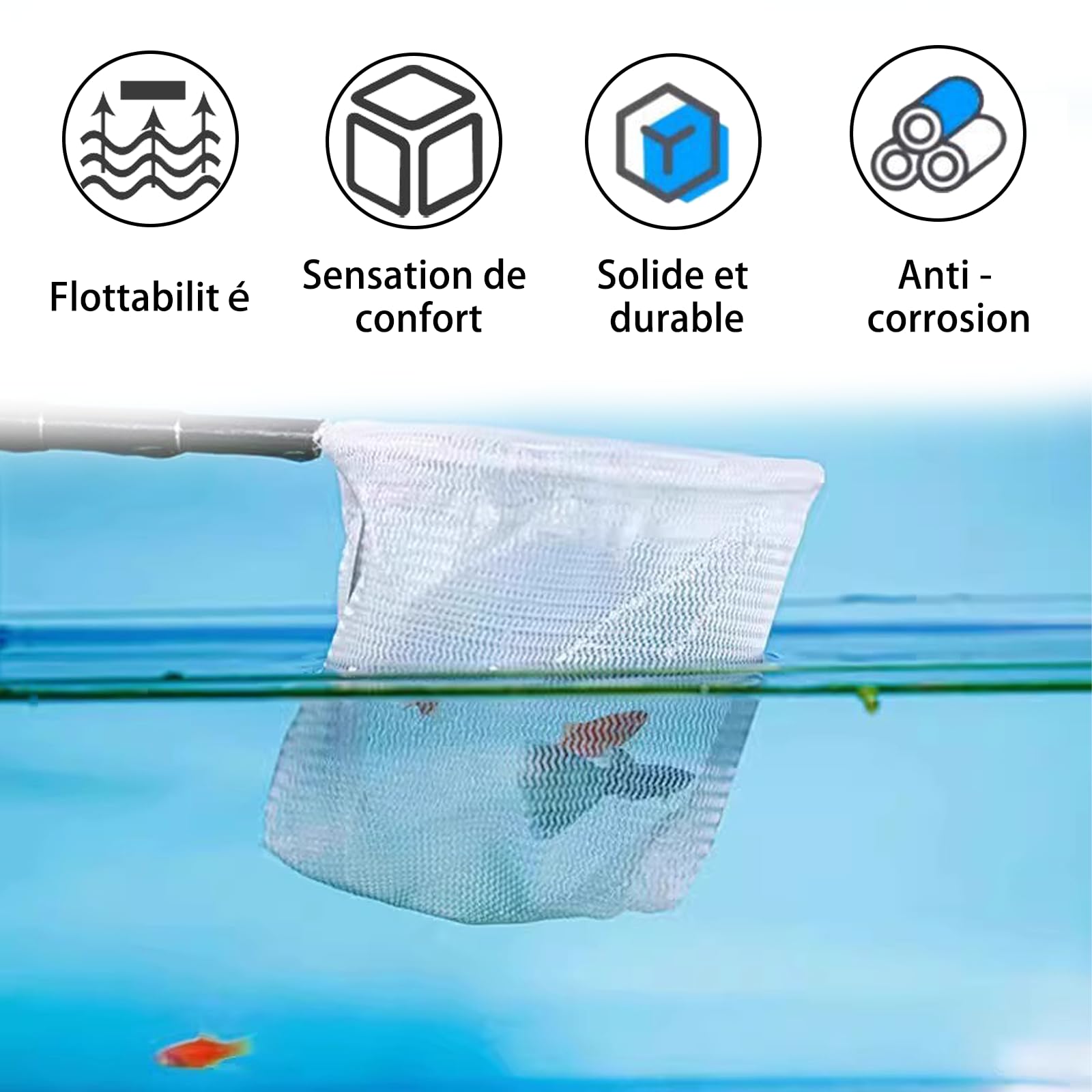 Épuisette Aquarium Télescopique Carrée en Nylon avec Manche en Acier Inoxydable Filet Fin pour Poissons Crevettes et Débris