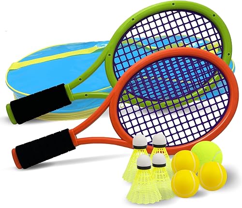 Juego de raqueta de tenis para niños, raqueta de 17 pulgadas con 1 pelota de tenis, 4 volantes de bádminton y 3 pelotas suaves para deportes de