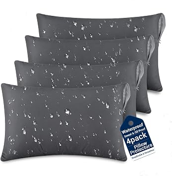 SheRest Ultra Soft Pillow Protectors Waterproof Standard Size Set of 4-Pack - Breathable & Noiseless Zippered Pillow Covers, Sweat & Oil Proof Cases, Dust & Dirt Pillow Encasements, Dark Gray