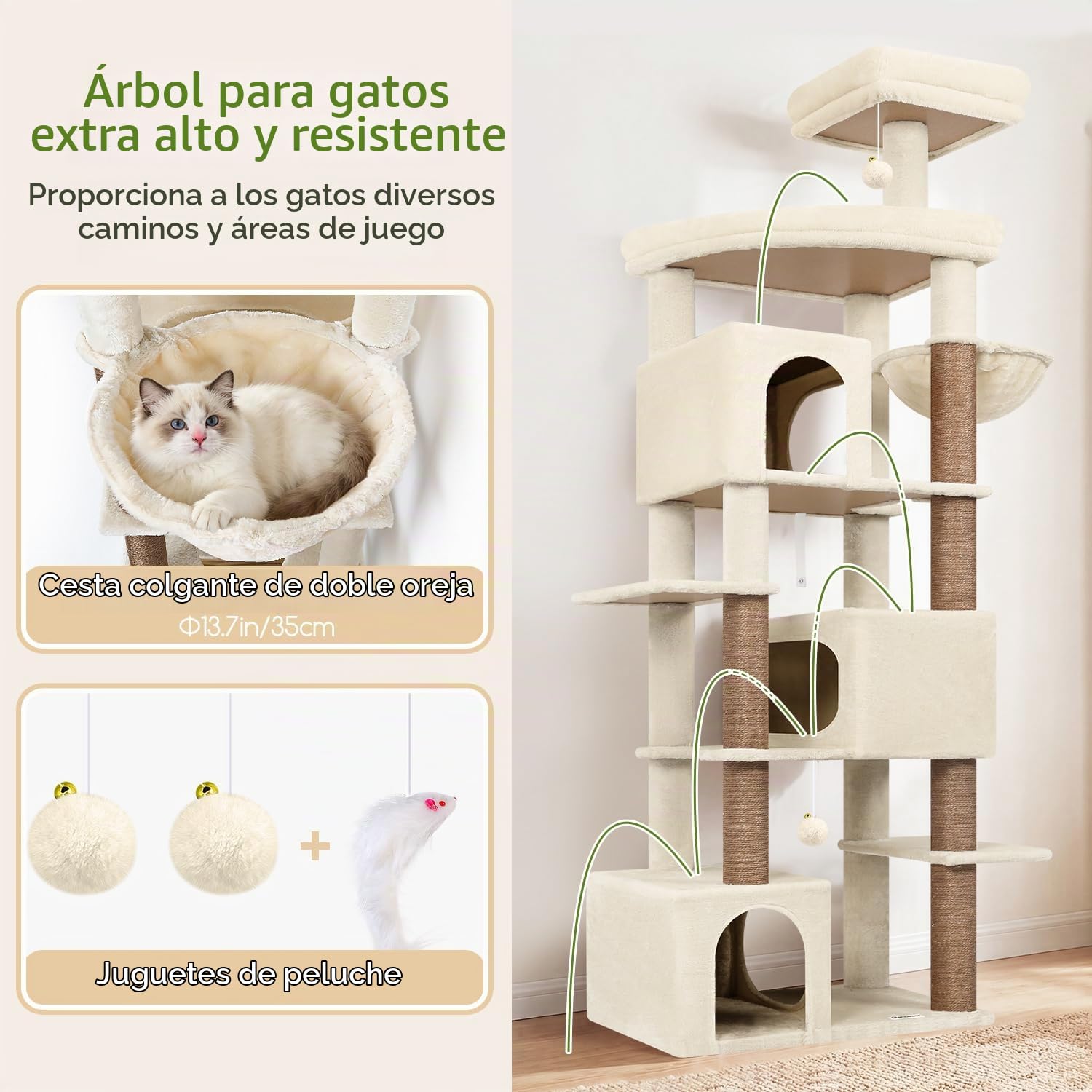 Globlazer Árbol Rascador para Gatos Beige XXL 203 cm Alto con 3 Grande Nidos 45*30*30CM, Extragrande Plataforma, Cesta, Juguetes, Estable Rascador para 4-6 Gatos Adultos Jugar Interior (S80, Beige)