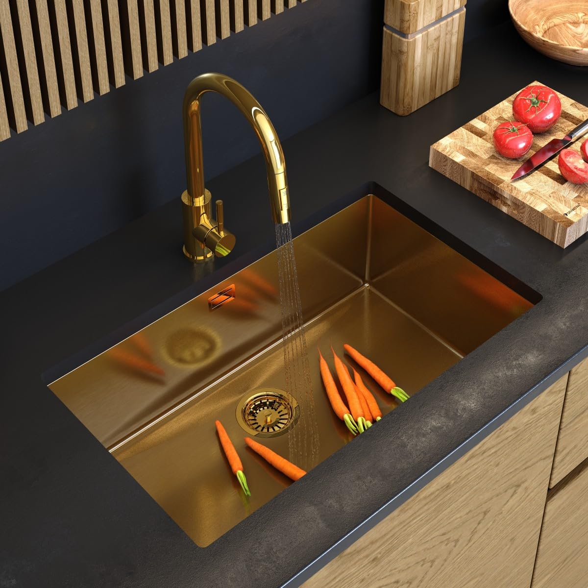 Granitan Évier de Cuisine en Acier Inoxydable avec Siphon 44,7x74,8 cm - Évier encastrable en Acier Silvo75 - avec trou pour Robinet - Or
