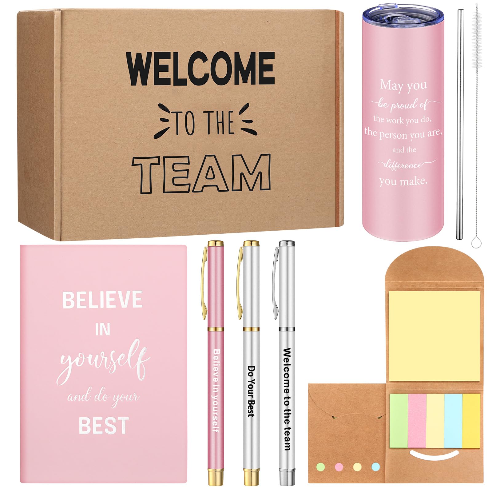 Teenyyou 7 Pcs New Employee Welcome to The Team Gift Set Welcome to The Team Gift Box Include 1 20oz Tumbler 1 Notebook 3 Pens and 1 Sticky Note