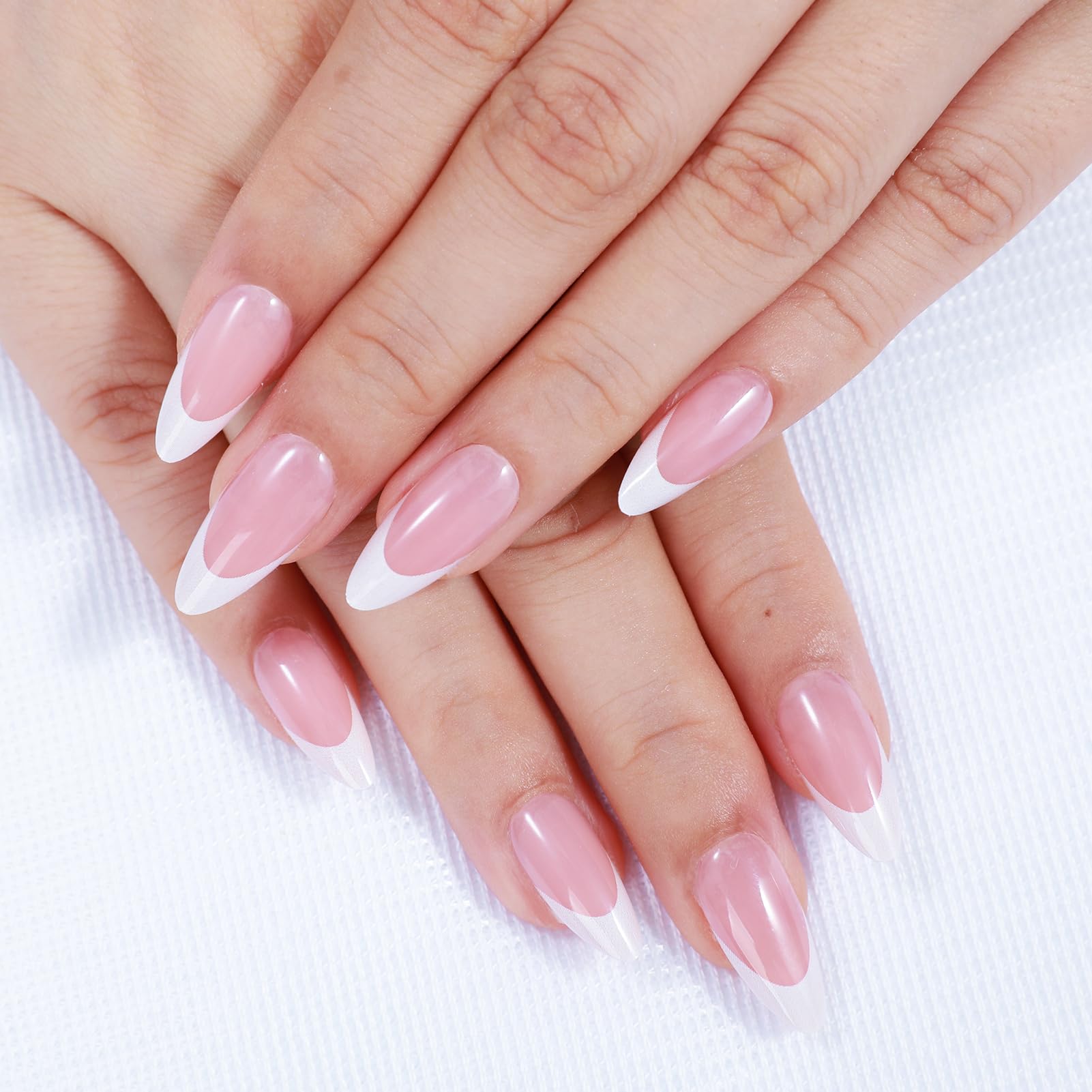 Rnker French Tip U Shape Press On Nails - White with Pink Color, Almond Top gel Nails with Bright Finish, 15 Sizes - 30 Nail Kit with Glue