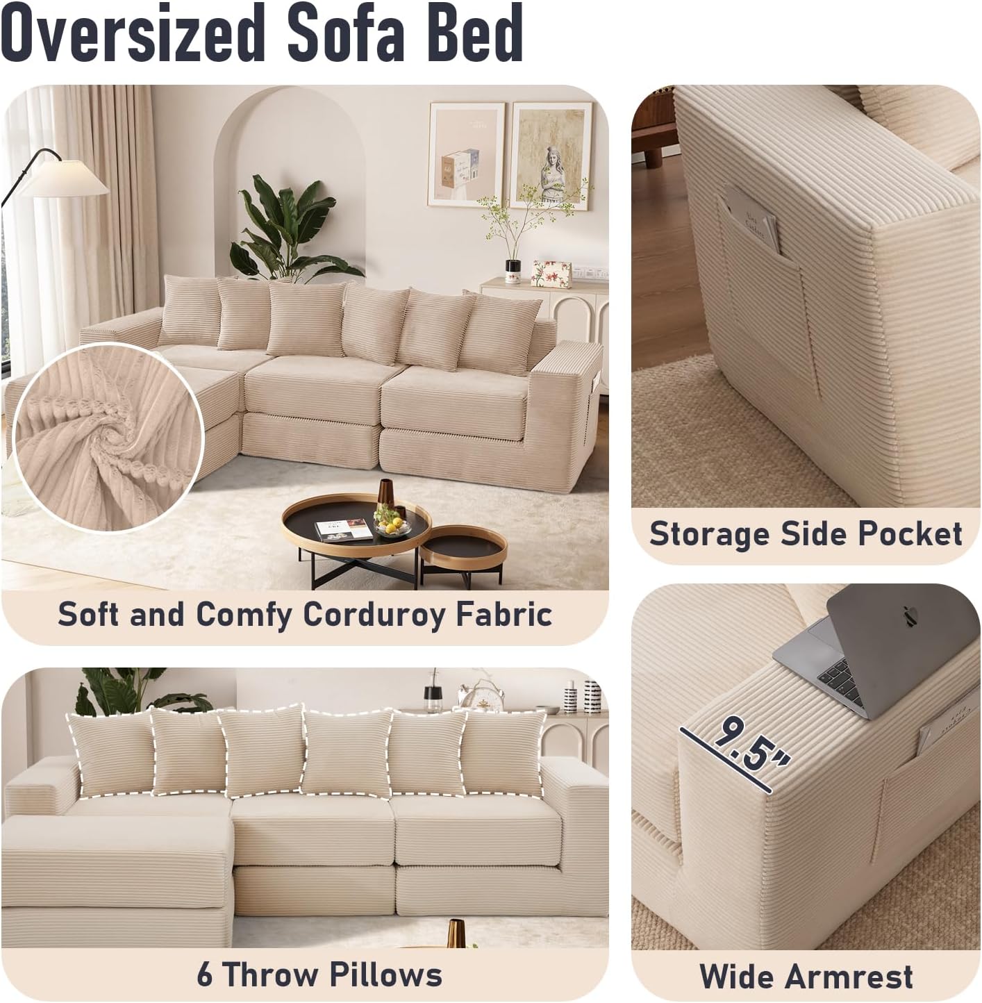 102" Upgraded L-shaped Modular Sectional Couches for Living Room, Convertible Oversized Sleeper Sofa Bed-Luxury 1.5 Queen Bed. 11-in-1 Multifunctional Corduroy Boneless Folding Futon Couch, Beige.