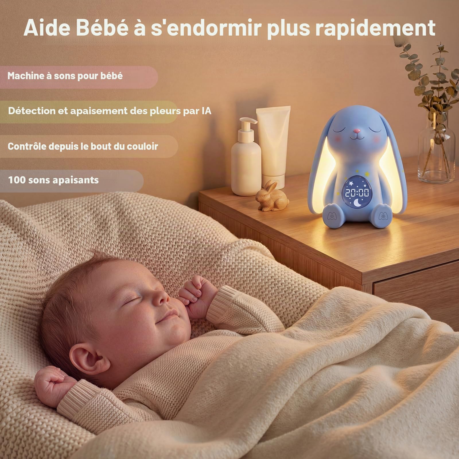 Mewaii Machine à Son pour Bébé avec Lumière Nuit, Détection des Pleurs, 100 Sons Relaxants, Contrôle App, Batterie Longue Durée