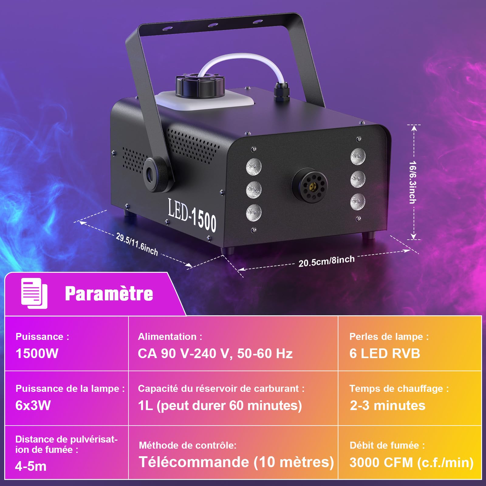 UKing 1500W Machine à Fumée avec 6 LED RGB, Machine à Brouillard de Fête avec Télécommande et Réservoir de 1L, Volume de Brouillard élevé, pour Halloween, Noël et les Mariages