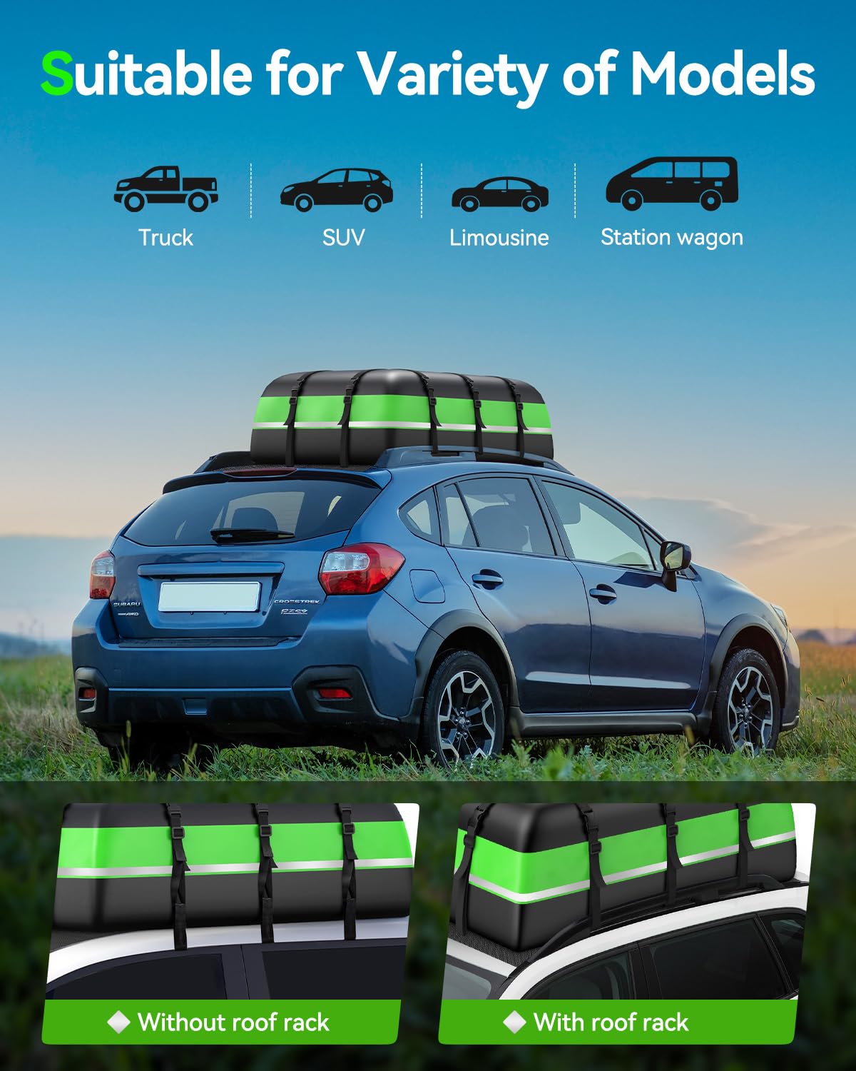 Coffre de Toit Voiture 595L – Sac de Rangement Imperméable 1000D Nylon – 6 Sangles Renforcées – Pliable & Léger – pour Week-Ends, Vacances et Road Trips