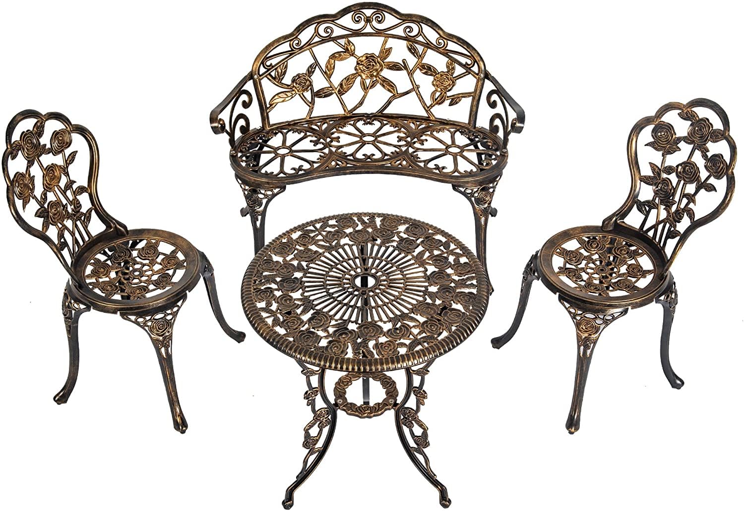 Sundale Outdoor 4 Piece Bistro Set, Cast Aluminum Umbrella Table Chair Loveseat Furniture All Weather Resistant Antique Finish Patio Conversation Set for Balcony Porch Yard Bronze Rose