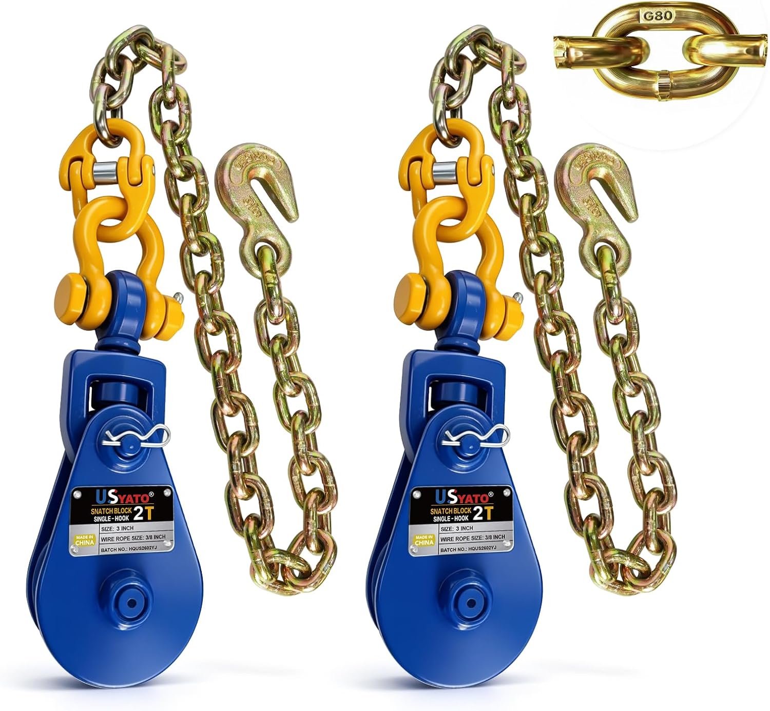 2 Ton (4,400Lbs) Snatch Block with 2FT G80 Chain & Grab Hook,Detachable Buckle,3" Sheave 3/8" Wire Rope Winch Pulley,Heavy Duty Snatch Block Pulley for Towing,Logging,Car,SUV,Small Truck,1 Pair