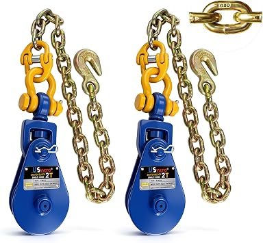2 Ton 4,400Lbs Snatch Block with 2FT G80 Chain & Grab Hook,Detachable Buckle,3" Sheave 3/8" Wire Rope Winch Pulley,Heavy Duty Snatch Block Pulley for Towing,Logging,Car,SUV,Small Truck,1 Pair
