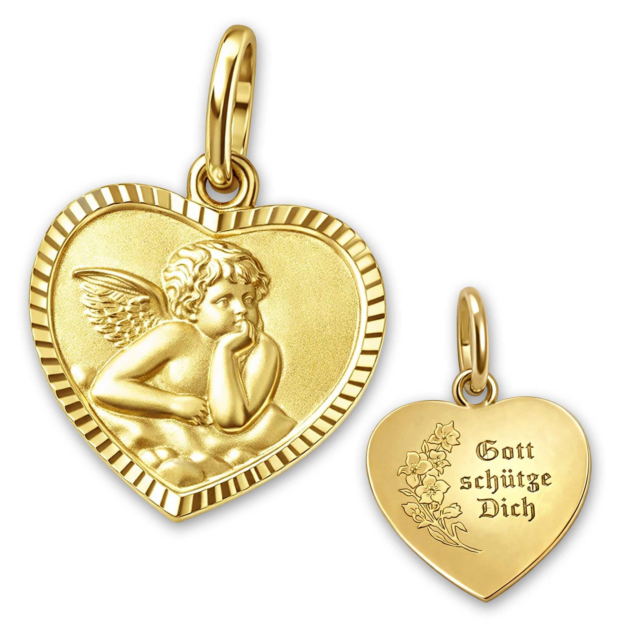 CLEVER SCHMUCK Herz Anhänger mit Engel 11 x 10 mm Rückseite Gott schütze Dich * Blumendekor Rand diamantiert 925 Silber vergoldet im Etui creme
