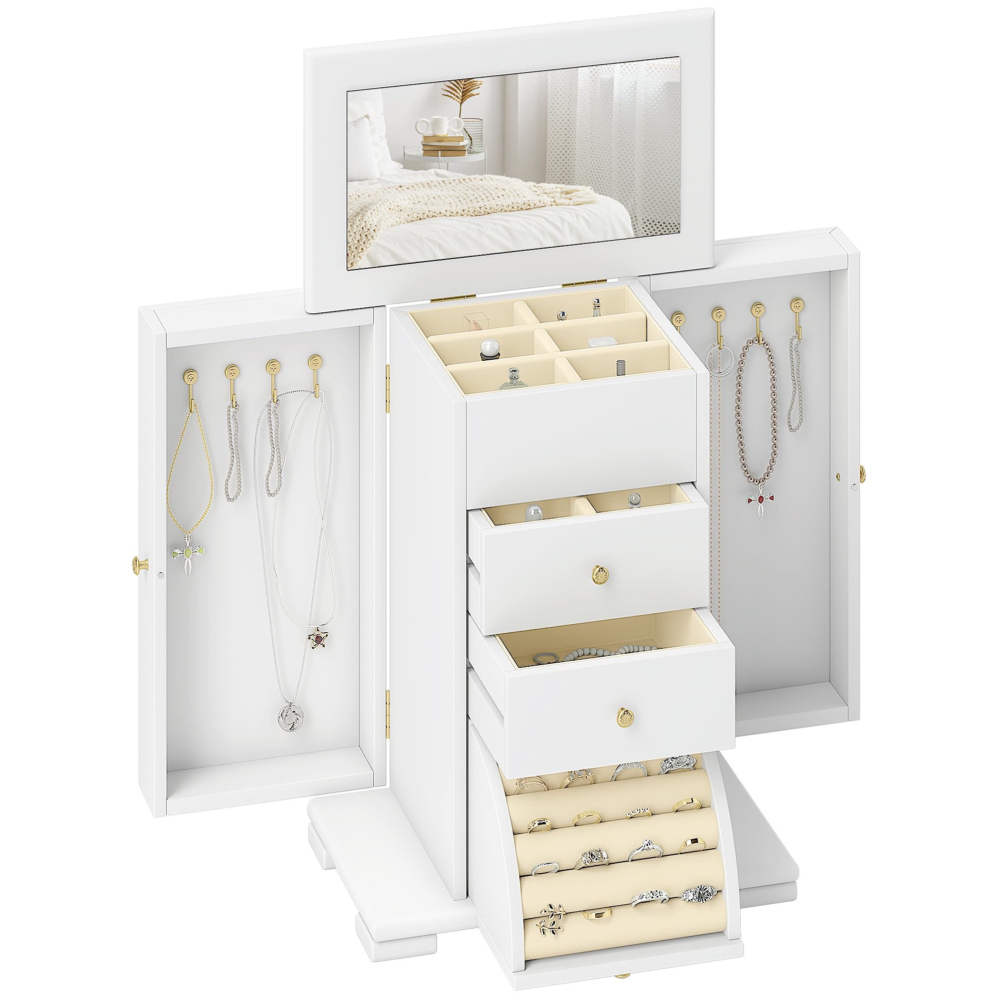 HOMCOM Large Jewellery Box - 3 Drawer - White - With Mirror
