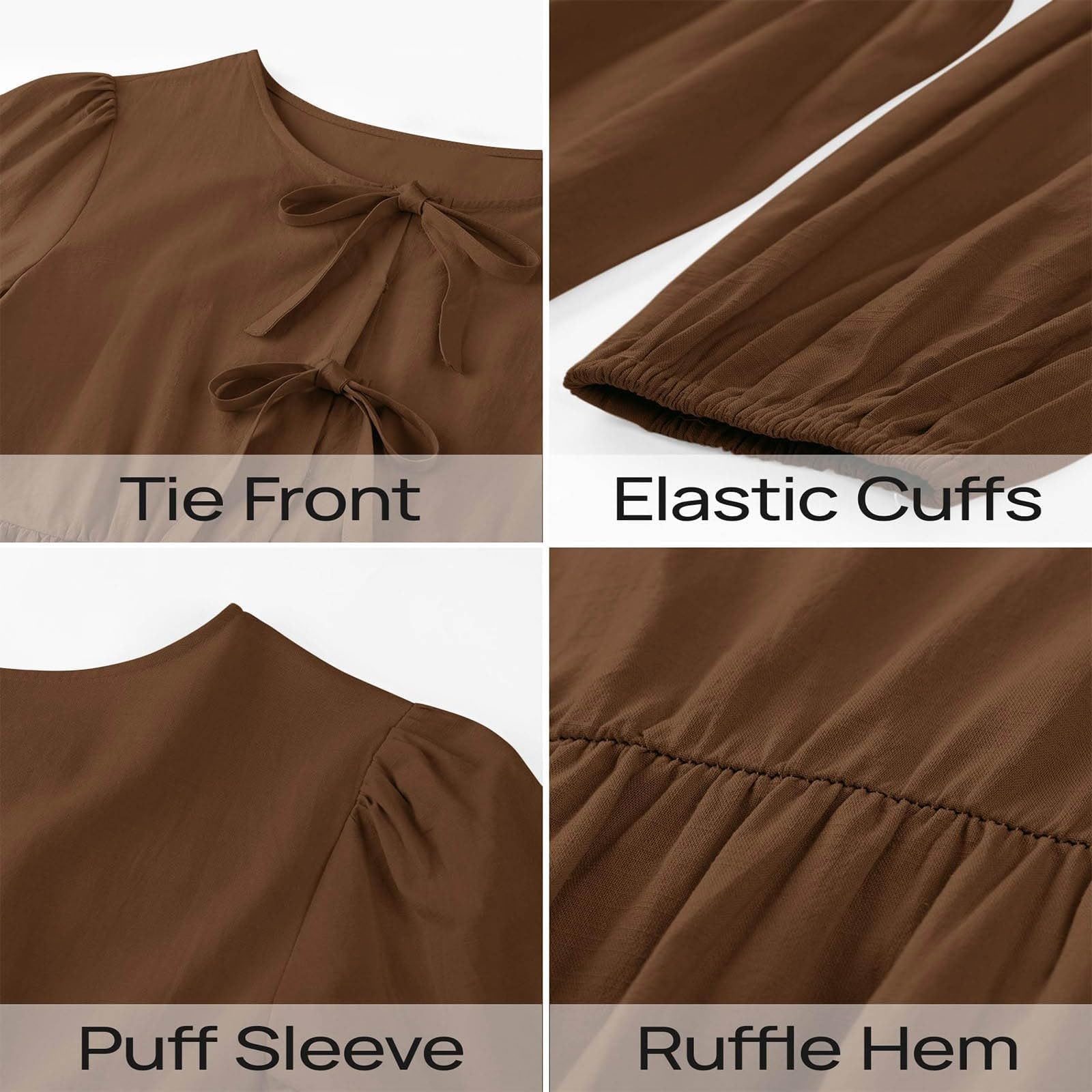 Robe Mini péplum à Manches Longues Bouffantes et nœud Papillon sur Le Devant pour Femme, Robes d'automne,Robe Courte à Volants en Ligne A, Robe Tunique Fluide Mignonne (Dark Brown,M)