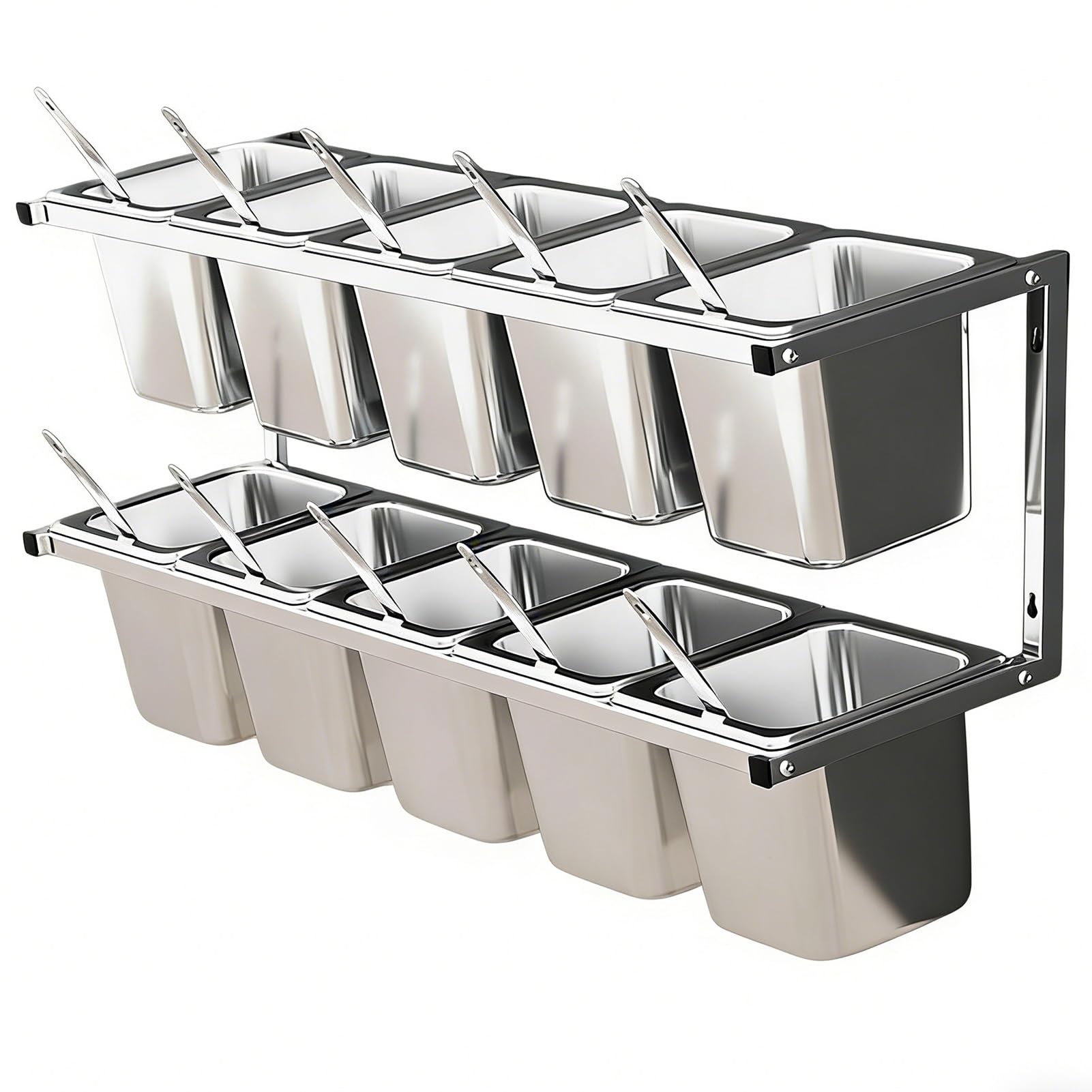 Stazione per pizza in acciaio inox con cucchiai e coperchi, a parete, multi-scomparto, portaspezie, organizer per cucina e ristorante, porta condimenti