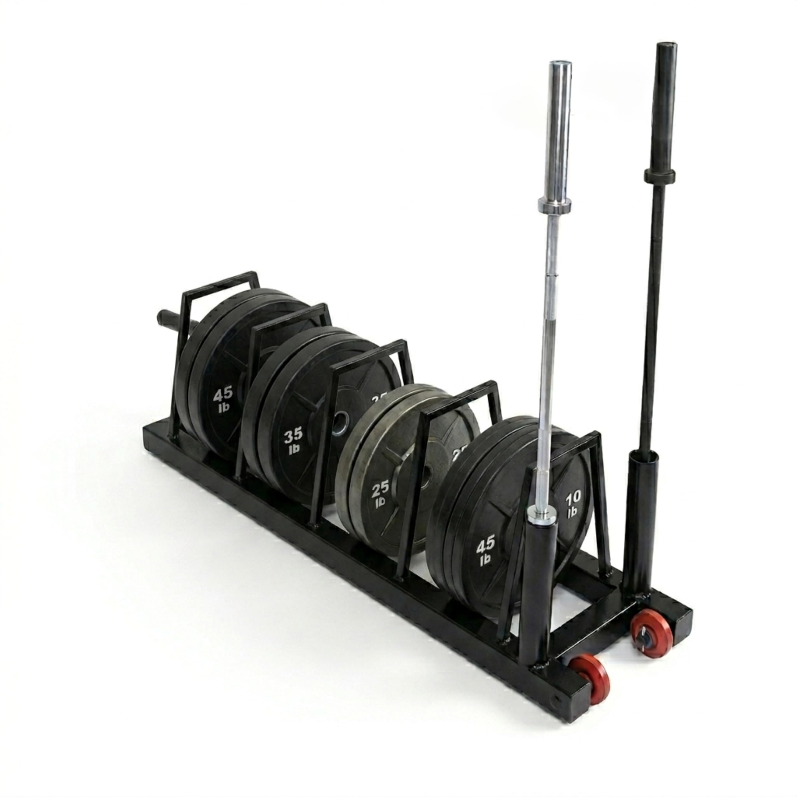 Weight Plates Storage with Barbell Stand - Bumper Plate Rack with Ergonomic Handle - 2 Barbell Stand & Rolling Wheels - Portable Weight Plates Organizer for Home Gym, Commercial Fitness Studio-image-27