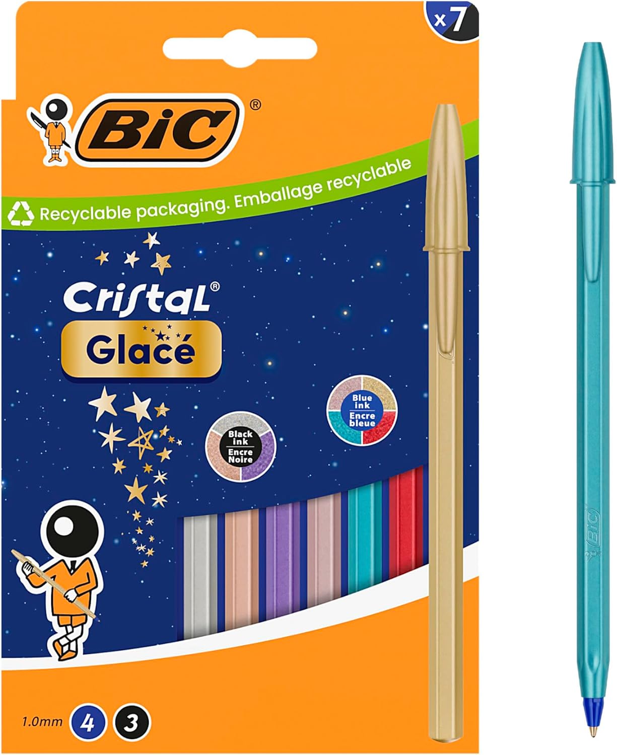 BIC Cristal Glacé Ball Pens Medium Point (1.00 mm) Refillable Ink Cartridges - 4x blue ink, 3x black ink, Box of 7