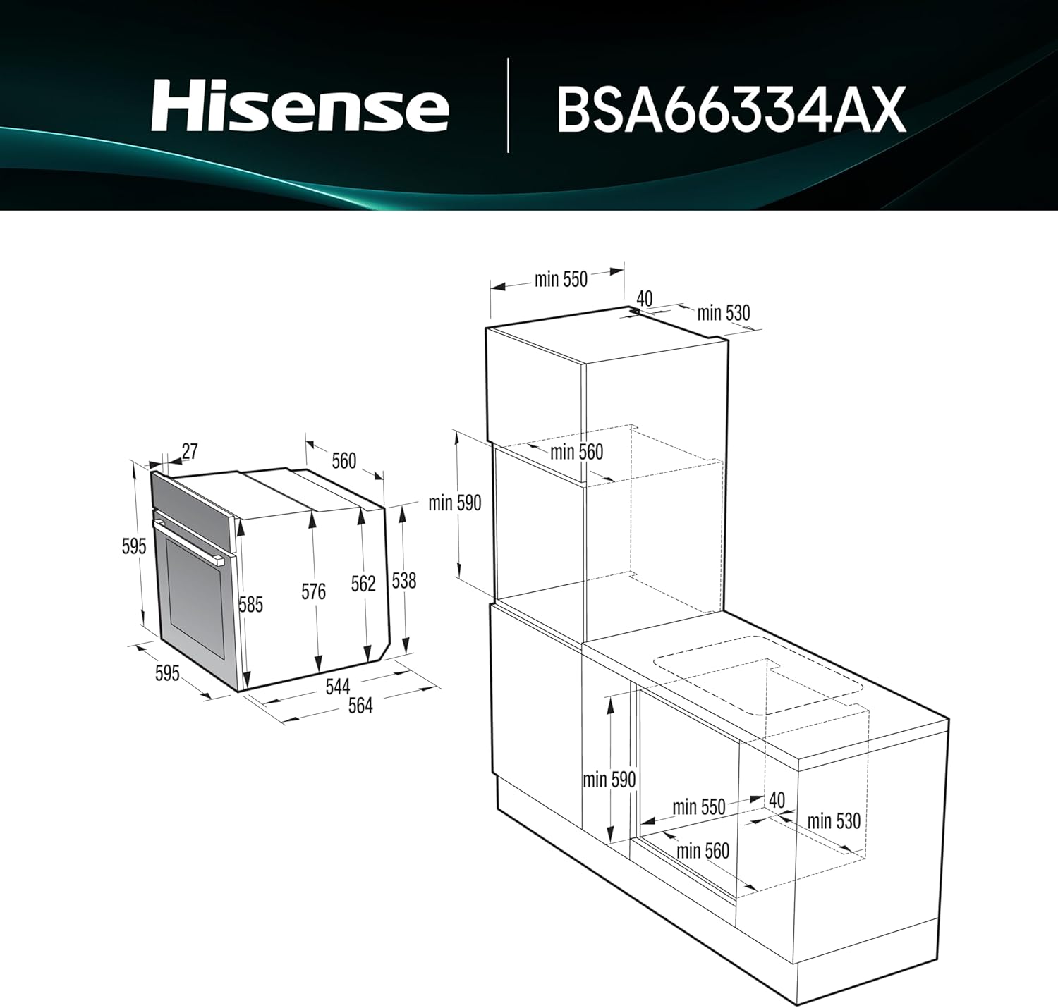 Dibuix dimensional i diagrama d'instal·lació del forn Hisense BSA66334AX