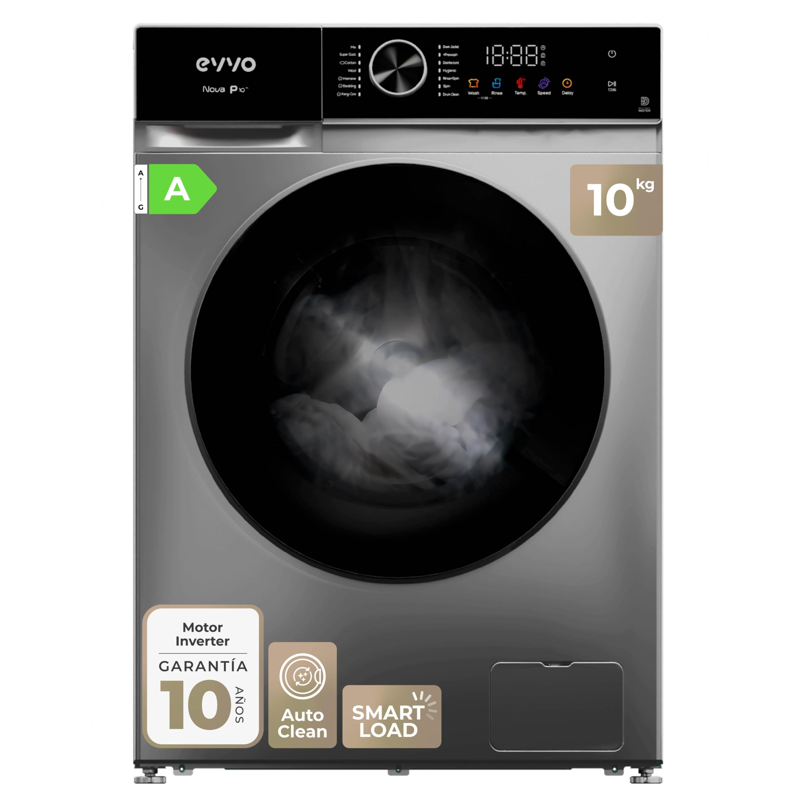 EVVO Lavadora Carga Frontal Nova P10X - Lavadora 10kg, Efic. Energética A, Motor Inverter eDRIVE, 1200 RPM, Tecnología SMART LOAD, Tambor ePROTECT, Pantalla Táctil, 14 Programas, Inox