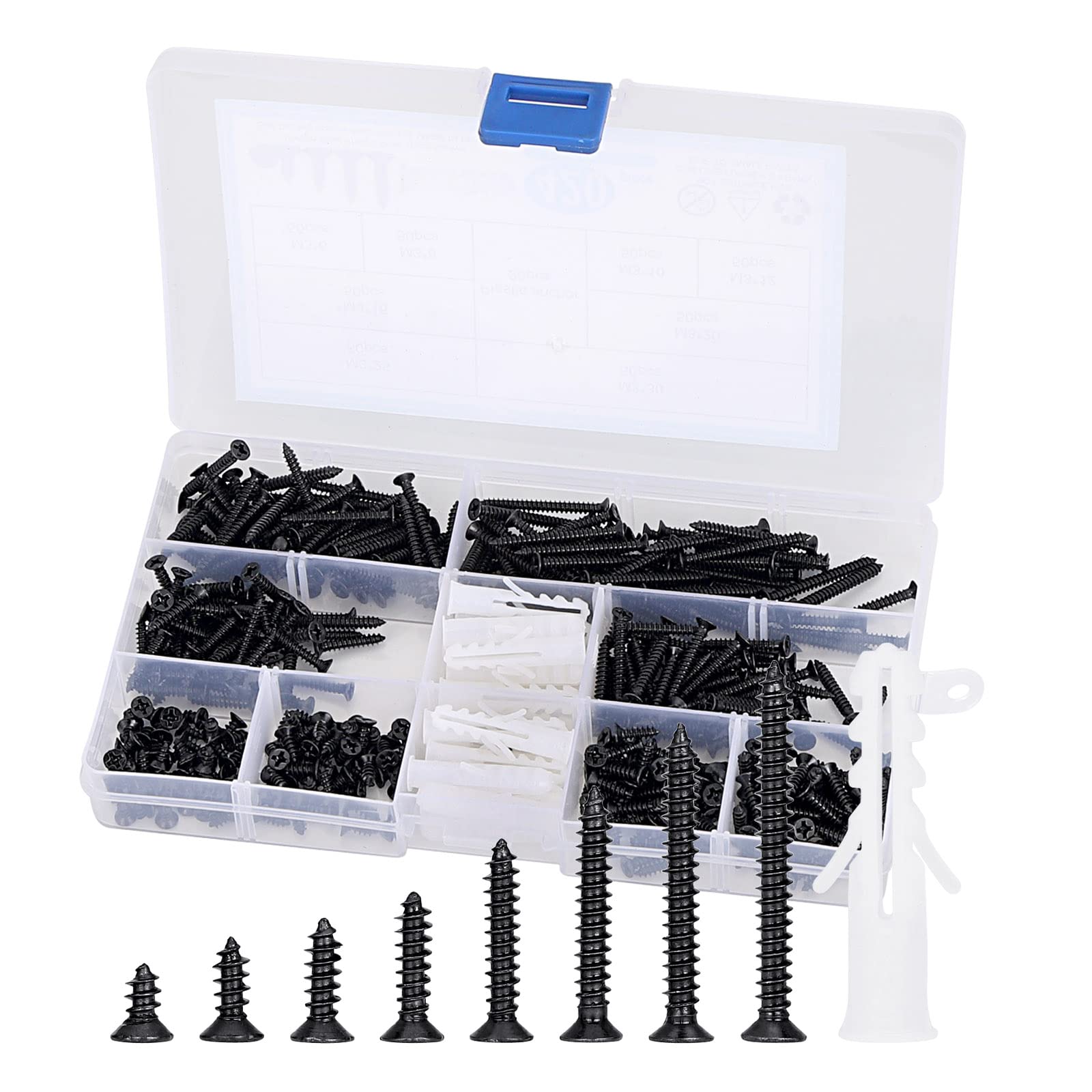 420pcs Black M3 Flat Head Wood Screws Assortment Fasteners Kit,Phillips Drive Countersunk Head Self-Tapping Screws,Carbon Steel,Contains 20pcs Plastic Anchors