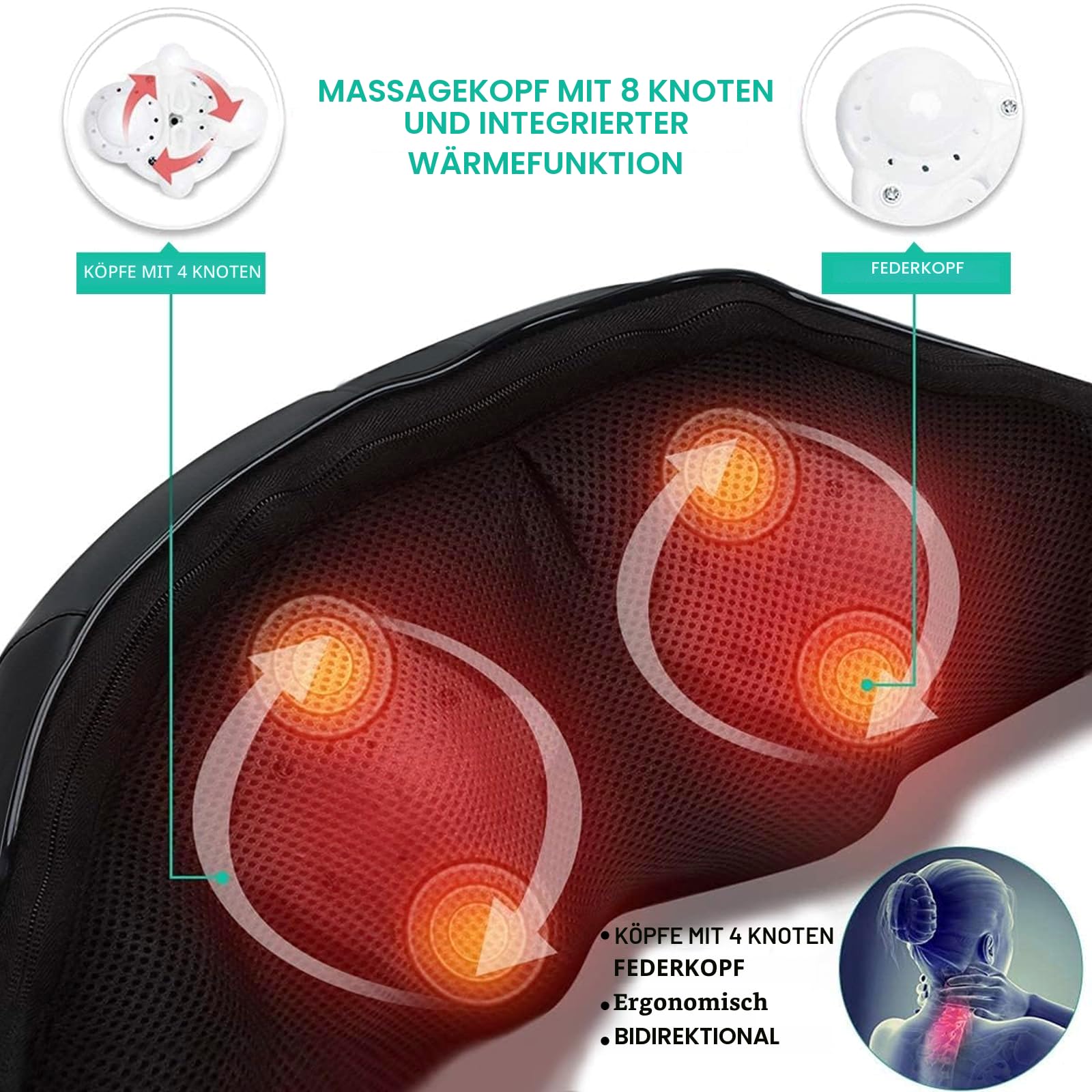 Medcursor Nackenmassagegerät mit Wärme, Tiefengewebe Shiatsu-Massagegerät, 3D Kneten Schulter und Rücken Massagekissen zur Schmerzlinderung, geeignet für Zuhause, Büro, Schwarz