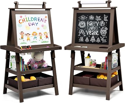 Art Easel for Kids, Wooden Standing Painting Easel w/White Board & Chalkboard, Paper Roll, Magnetic Beads, Pigment Cups, 2-Tier Rack with 2 Storage Bins, Double-Sided Toddler Easel Coffee