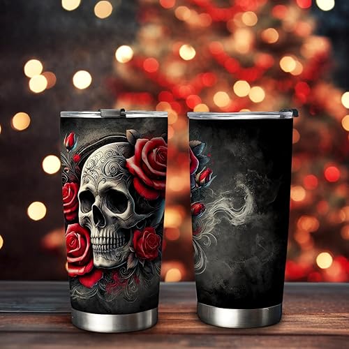 Miniatura 2 de 64HYDRO - BGMZ0304033Z - Vaso con tapa con diseño de calavera y rosa de 20 onzas, con tapa. Termo de doble pared con aislamiento al vacío