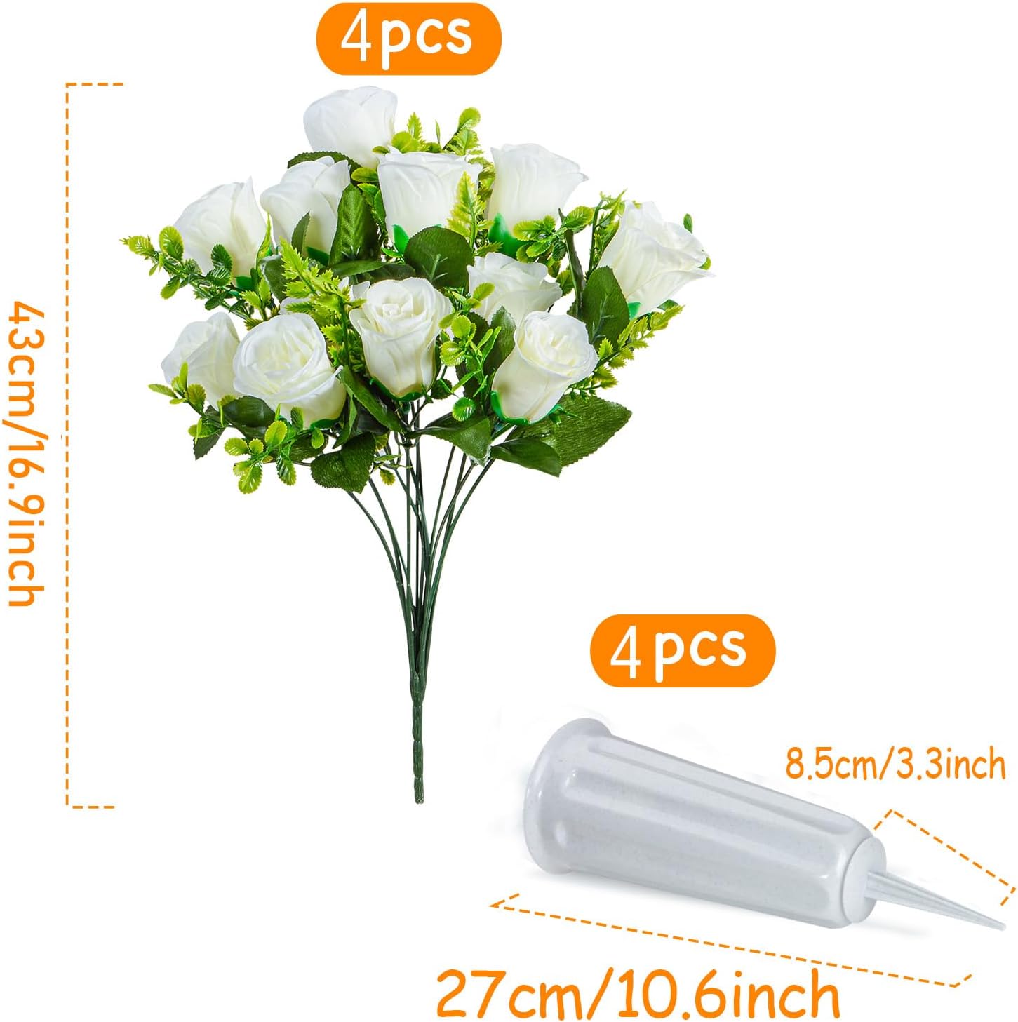 XONOR Artificial Cemetery Flowers, Set of 2 Artificial Rose Bouquet Grave Memorial Flowers with Vase for Cemetery Headstones Decoration (White, Set of 4)
