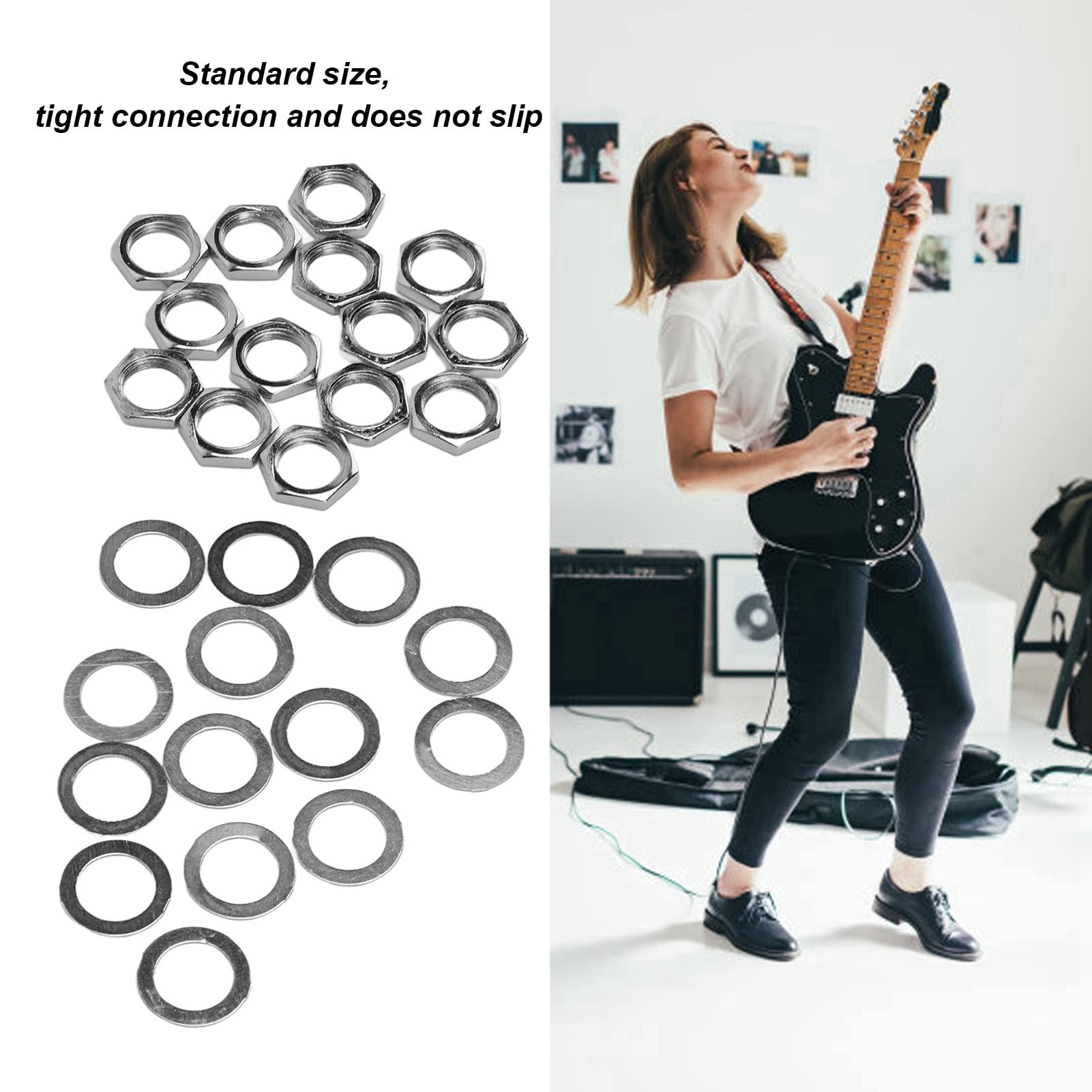 Guitar Jack Podkładka do Nakrętek Zestaw Eujgoov M9 Gwint żeński Nakrętki Potencjometru i Podkładka Wymiana na Gitarę Elektryczną Basową(Srebro)