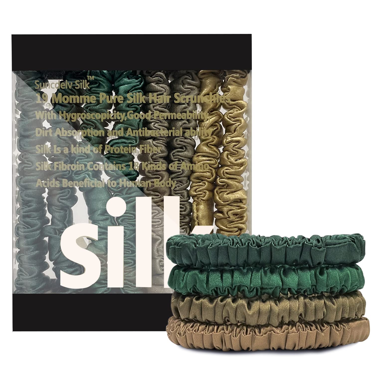 Suncdelv Silk,100% Silk Scrunchies for Hair,22 Momme Hair Ties for Anti-Crease & Breakage,Natural Women Hair Accessories，Fashion Hairbands 4PCS（Green