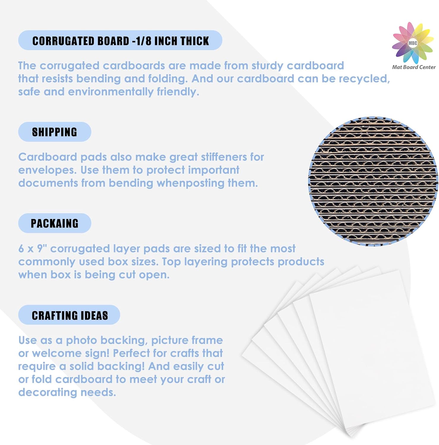 Mat Board Center 25 Pack 6x9 Corrugated Cardboard Sheets 1/8" Flat Inserts