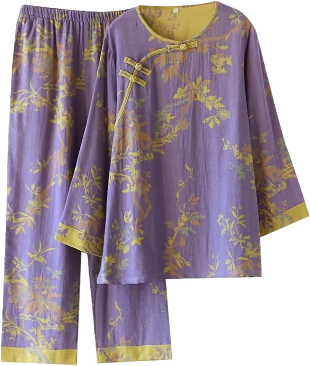 Women's Retro Long-Sleeved Trousers Loungewear Set Thin Pajamas Round Neck Chinese Style Pijama