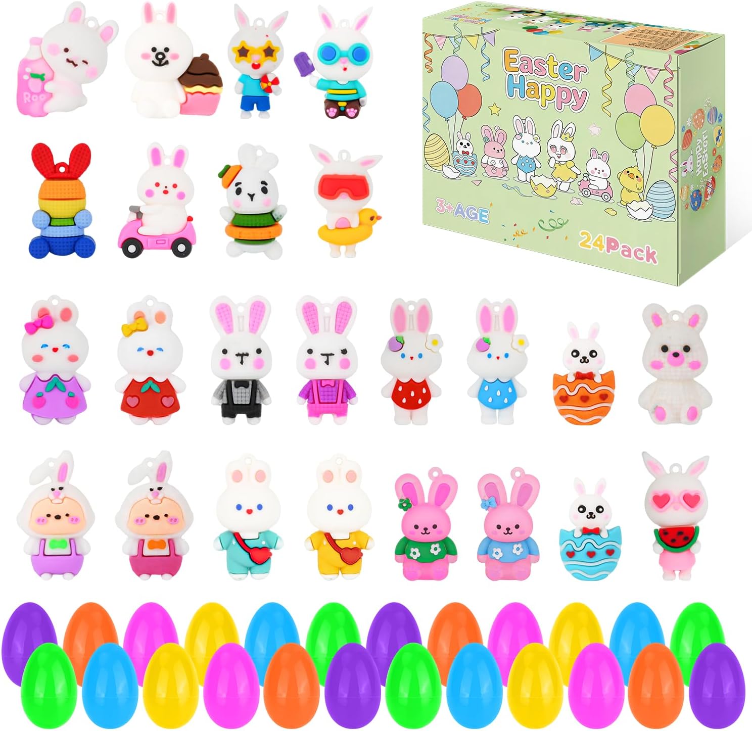 24 Pcs Prefilled Easter Eggs Filled for Kids,Mini Bunny Action Figure Small Rabbit Keychains for Kids Boys Girls Easters Basket Stuffers Party Favors Easter Egg Fillers Hunt