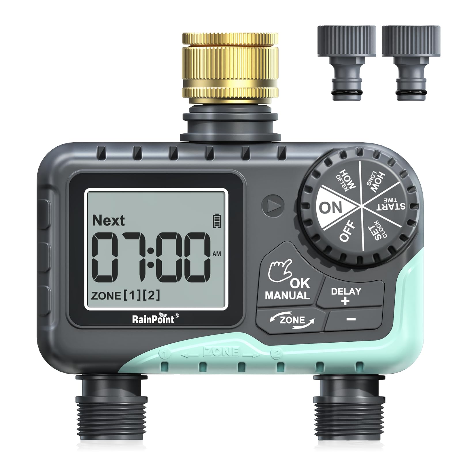 Water Timer 2 Outlets, IP65 Waterproof Irrigation Hose Timer with Brass Inlet, Rain Delay/Manual Watering, Automatic Watering System for Garden, Yard, Lawn