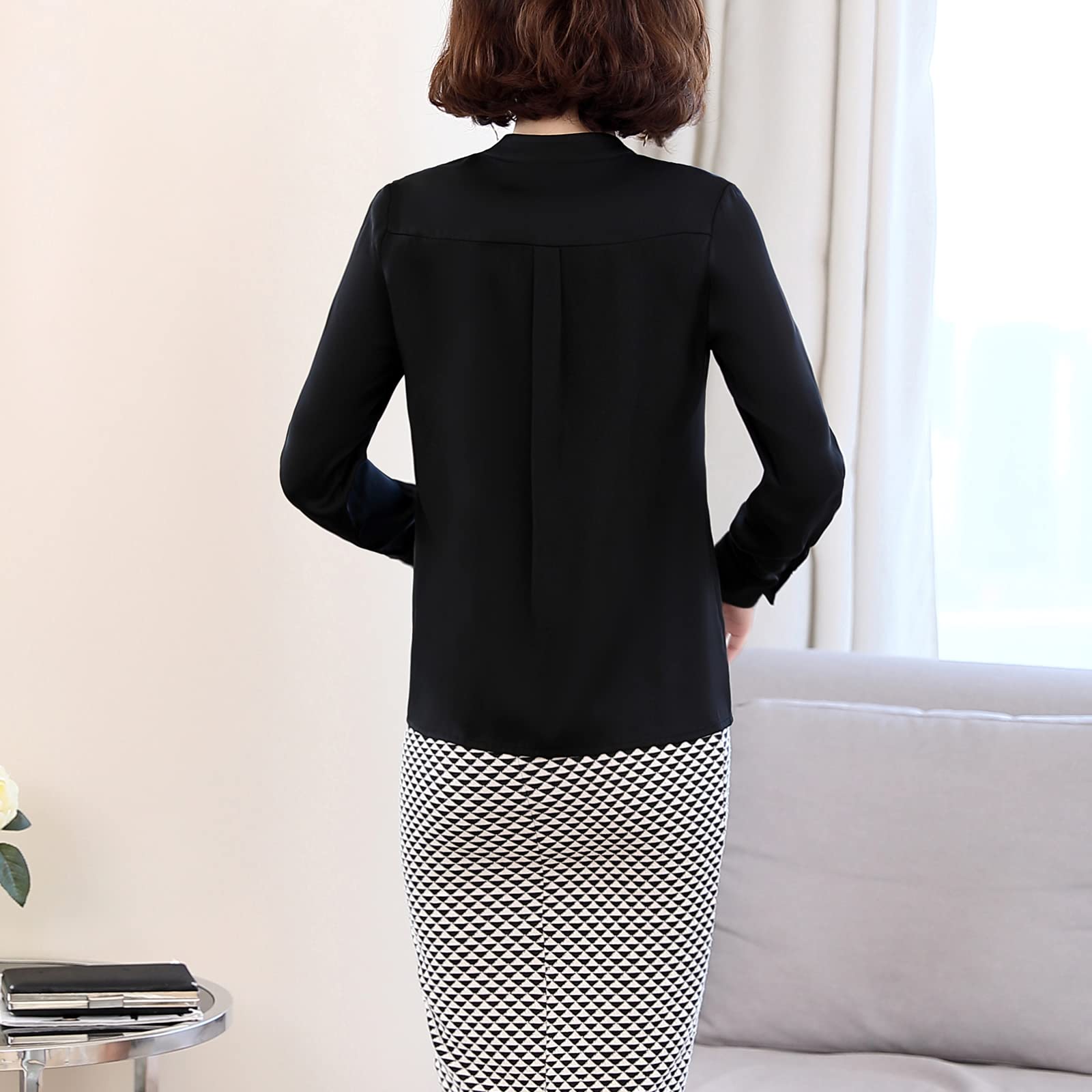 Valin Blusa de seda para mujer Camisa Sólido Botón Abajo Camisas Blusa de Manga Larga Cuello en V Blusa de Seda,S1902