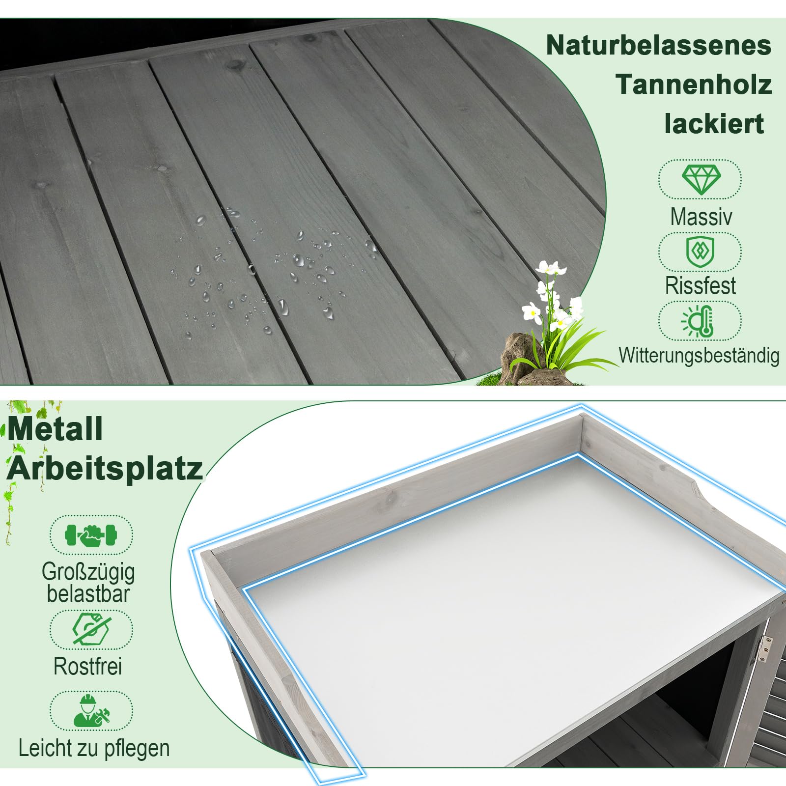GOPLUS Gartenschrank Holz, Holzschrank mit Metalltischplatte & 2 Ablagen, Geräteschrank Gartenschuppen mit Belüftungstür, für Garten & Hinterhof, 67 x 47 x 100 cm