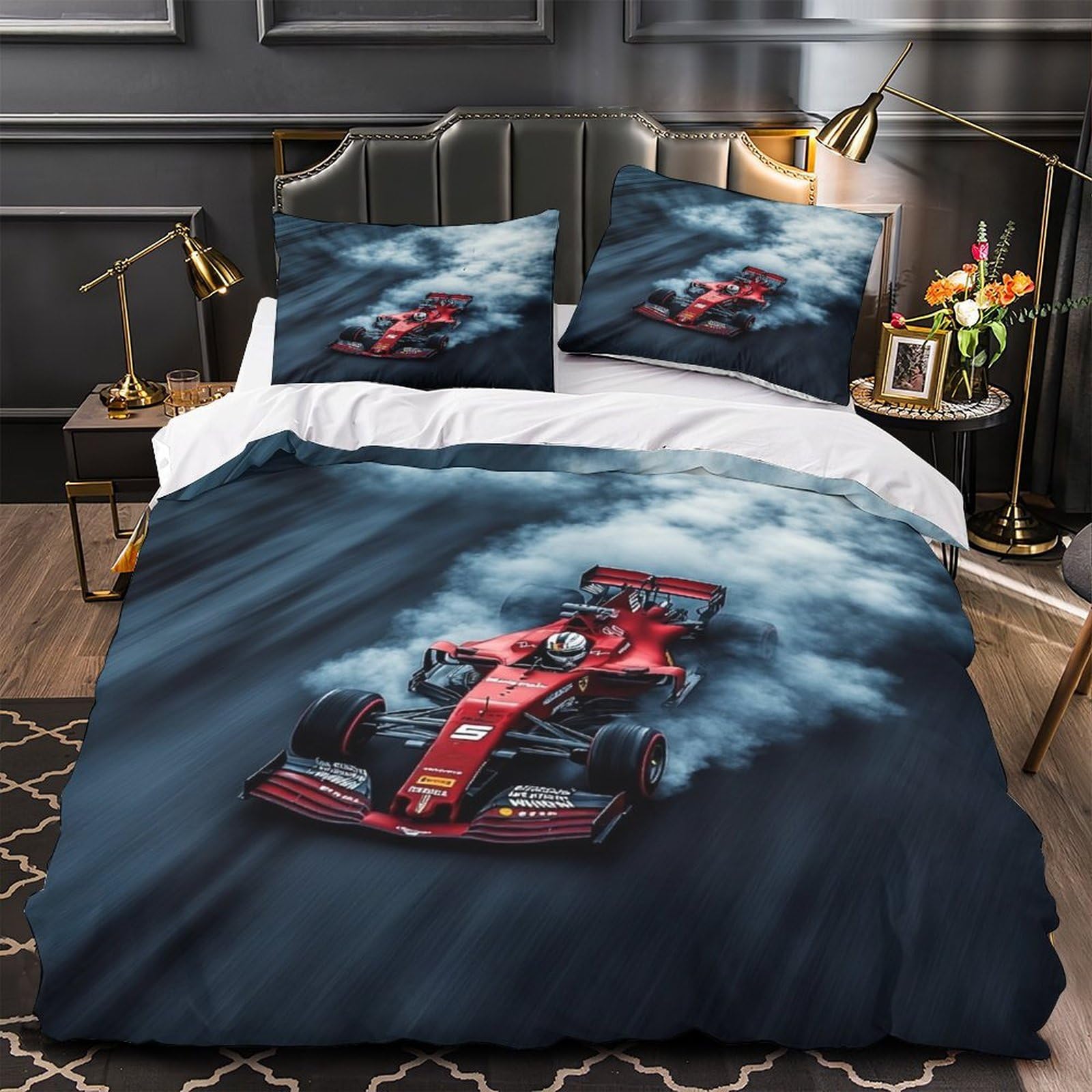 DAFUfbw Warmth Formulaa Racing Quilt Cover Set King（220x240cm）, Light Duvet Cover with Pillowcases Racing Car Bedding Set Soft Microfiber Comforter