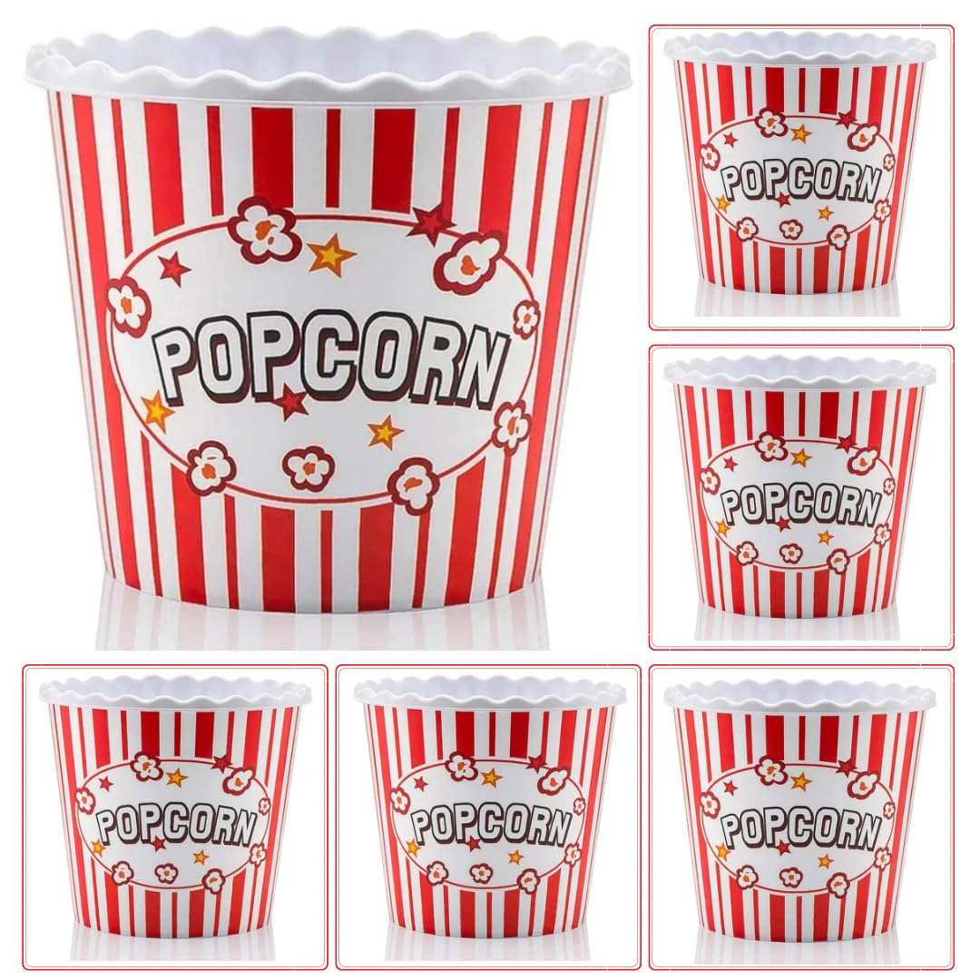 Modern Style Reusable Plastic Popcorn Box/Popcorn Containers/Popcorn Bowls Set for Movie Theater Night - (BPA Free - 6 Pack-75 oz) (6, RED)