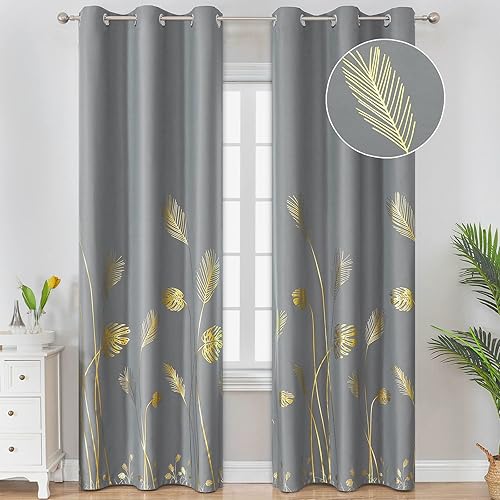 Estelar Textiler Cortinas estampadas de trigo y hojas color oro, cortinas con bloqueo de luz, opacas con aislamiento térmico, elegantes para