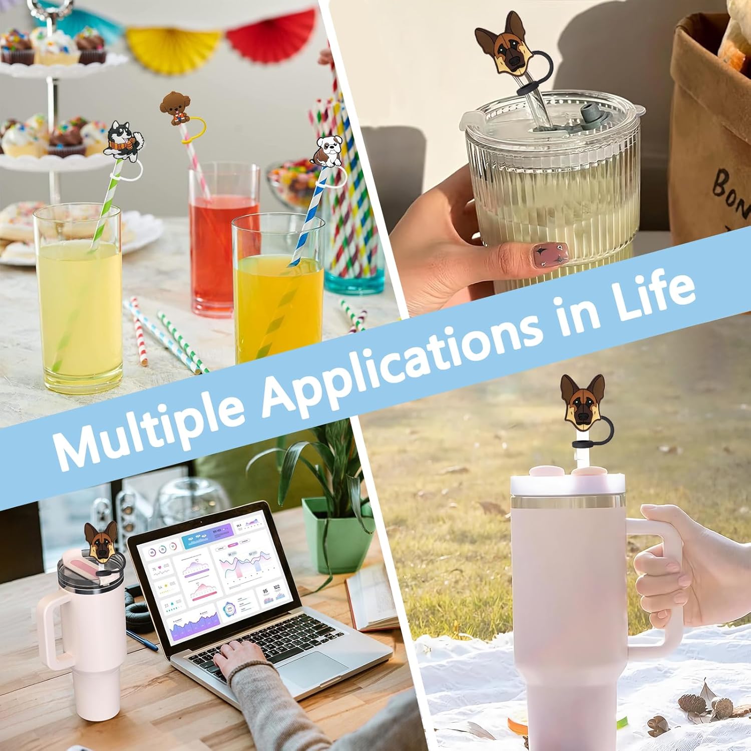 German Shepherd Straw Toppers For Stanley Cups;Straw Covers Cap Toppers Compatible With Stanley 30&40 Oz Tumbler, Reusable & Silicone Tumbler Straws Topper For 0.4 Inch/10 Mm Tips 4 Pcs (Brown) - Image 5